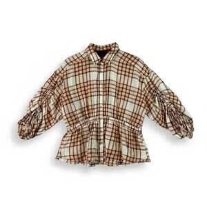 NWT Free People Pacific Dawn Peplum Plaid Button Top Wool Blend Peach S Bohemian